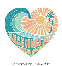 Arte de praia ensolarada. A arte das vibrações da praia. Aí vem a letra do slogan do sol. Design de verão para camiseta. mulheres meninas gráficos de verão