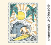 Sunshine beach With Big Wave, palm tree under the sun, summer beach print, traditional summer print print, surfboard with beach print -vector