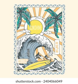 Sunshine beach With Big Wave, palm tree under the sun, summer beach print, traditional summer print print, surfboard with beach print -vector