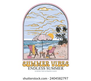 Sunshine Beach Club Grafikdesign für T-Shirt-Druck, Poster, Aufkleber und andere Zwecke. Sonniger Tag am Strand. Meereswelle. Palmbaumdruckkunst. Schöner, heller langer Strand. 