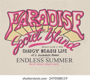 Sunshine beach club graphic print design for t shirt print, poster, sticker and other uses. Sunny day at the beach. Ocean wave. Palm tree design. Secret island.