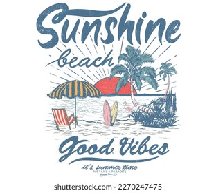 Sunshine beach. Endless summer with bird print design for t shirt print, poster, sticker, background and other uses. Good vibes vintage print artwork.	