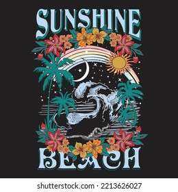 sunshine Beach paradise, Beach vibes vintage graphic print design for apparel and others. Palm tree, tropical flowers, moon, rainbow, waves, and island artwork design.