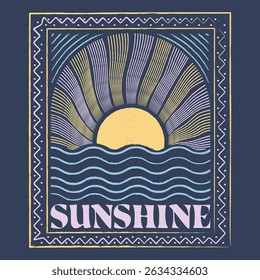 Sunshine Beach Paradise, with a waves illustration, for t-shirt prints, posters. Summer Beach Vector illustration.	