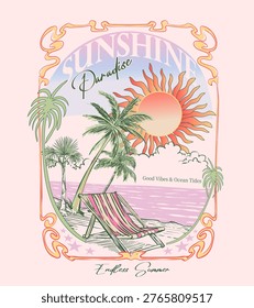 sunshine beach print. tropical summer t-shirt design. vintage retro beach artwork. hand drawing palm beach illustration