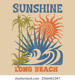 Sunshine beach prints. summer vibes. palm tree. big waves. tropical paradise. hand drawn graphics. summer paradise. vintage retro graphics. t shirt design. vintage tee. summer t-shirt Design. sunrise 