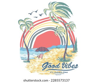 Sunshine beach summer time, Good vibes, Beach Paradise Print T-shirt Graphics Design, typography slogan on palm trees background.