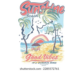 Sunshine beach summer time, sunshine vector print design artwork, take me to the sunshine, Beach Paradise Print T-shirt Graphics Design, typography slogan on palm trees background. Good vibes.