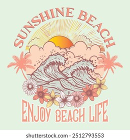 sunshine beach, summer beach sunshine vector print design artwork, take me to the sunshine, Beach Paradise Print T-shirt Graphics Design, typography slogan on palm trees background for summer fashion