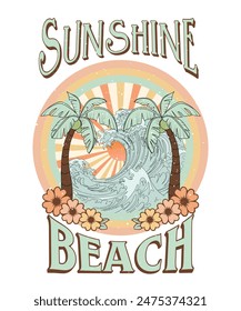 sunshine beach, Sunny day at the beach. Ocean wave. Palm tree, Beach vibes. sun and moon. Tropical flower. Beach hand sketch graphic print design for t shirt print, Sunshine paradise artwork.