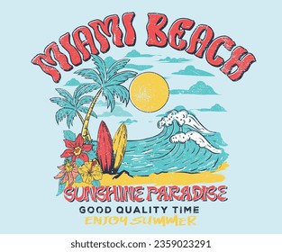 Sunshine beach vector art. Enjoy beach life. Endless summer sketch. Palm tree sketch. Tropical flower with beach design. Summer vibes graphic print design. Paradise.
