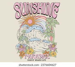 Sunshine with big wave artwork. Beach vibes. sun and rainbow. Tropical flower. Beach hand sketch graphic print design for t shirt print, poster, sticker, background and other uses.