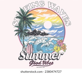 Sunshine with big wave artwork. Beach goodvibes. Tropical flower. Beach hand sketch graphic print design for t shirt print, poster, sticker, background and other uses. Colorful sky. Palm tree.