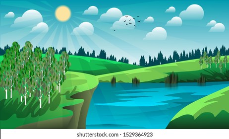 in the sunshine of birch over a pond against the backdrop of hills, forest, sky with the sun, clouds and flying birds. summer natural landscape. art wallpaper. vector image