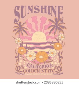 Sunshine California de estilo de época dorada en tonos de diseño gráfico de color retro, ilustración de olas de verano con palmeras para camiseta, sudadera y otros usos.