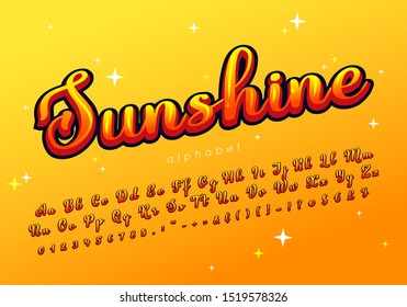 Sunshine. Calligraphic vector font and alphabet. Colorful handwritten letters, numbers and signs for your print design