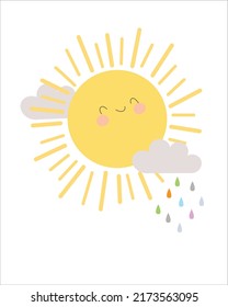Sunshine Cloud Rain Pattern, Yellow sunshine white Background, Good morning sunshine, Hello Sunshine Wallpaper Love Cards Vector Stock Vector Illustration.