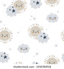 Sunshine, clouds and stars seamless pattern in pastel colors. Kids texture for fabric, wrapping, textile, wallpaper, apparel.