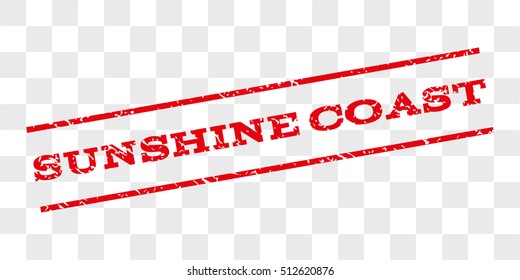Sunshine Coast watermark stamp. Text caption between parallel lines with grunge design style. Rubber seal stamp with dust texture. Vector red color ink imprint on a chess transparent background.