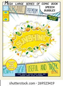 Sunshine. Colorful explosion with fruit, splashes and clouds of smoke with caption in comic style. 3D realistic pop art speech bubble