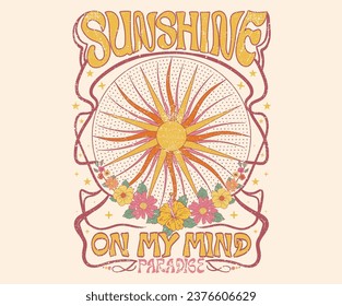 Sunshine colorful graphic print design for t shirt print, poster, sticker, background and other uses. Tropical flower print artwork. sun and moon. Summer good vibes design. Sunshine on my mind.