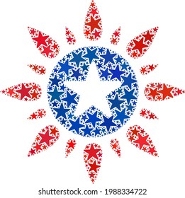 Sonnenscheinkomposition von Sternen in verschiedenen Größen und Farbtönen. In der Sunshine-Illustration werden die offiziellen blauen und roten Farben der demokratischen und republikanischen politischen Parteien und Starteile verwendet.