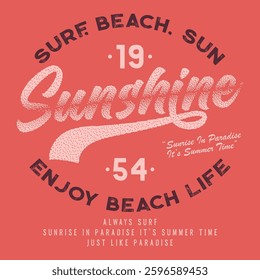 Sunshine Creative typographic design t shirt print, sweatshirt, retro California surf typography, t-shirt graphics. Vintage text print, slogan vector art, summer beach vibe, summer vector artwork
