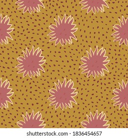 Sunshine cute faces seamless doodle pattern. Cartoon kids print in pale tones. Dark pink stars on ocher dotted background. For fabric design, textile print, wrapping, cover. Vector illustration.