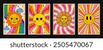 Sunshine Cute Smile Poster Vector Design. Cool Groovy Placards Collection. Y2k Pop Art Illustration.