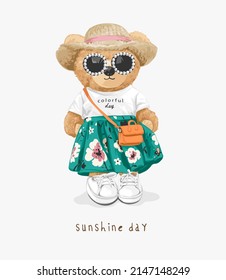 Sunshine Day Slogan With Cute Girly Bear Doll In Colorful Fashion Style Vector Illustration