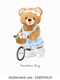 sunshine day slogan with cute girly bear doll and bicycle vector illustration