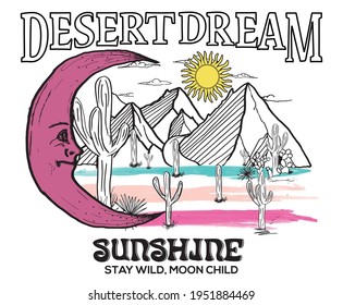 Sunshine desert dream vector design and moon smile vector design artwork