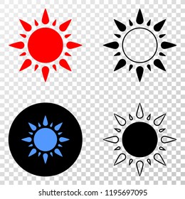Sunshine EPS vector icon with contour, black and colored versions. Illustration style is flat iconic symbol on chess transparent background.