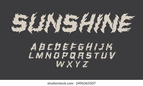 Sunshine, tipo de fuente de Vector de letras oscuras de fuego, estilo grunge Llamas góticas, diseños de impresión de fuego Concepto de fuente de tatuaje Y2k para diseño de impresión de ropa