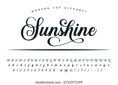 Sunshine font and alphabet set of vector calligraphy letter a b c d script font isolated letters