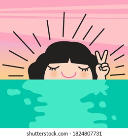 Sunshine Girl With Happy Face Showing Hand With Two Fingers Up Over Sea Shore Concept Card Character illustration