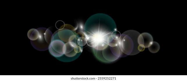 Sunshine glares and flares. Vector isolated realistic set of flashes and shimmering of light. Shining and glowing for nature landscape. Lens effect or sun sparkle in summer or spring seasons