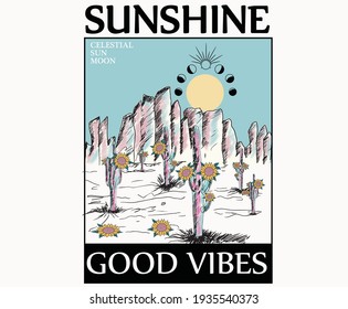 Sunshine good vibes celestial sun moon artwork for apparels and others