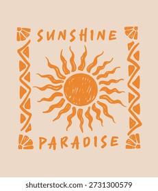 sunshine hand art t-shirt design. typography sunshine paradise text artwork .girls graphic t-shirt design.summer beach print design in vector. Summer vibes artwork. Sunny days. vector illustration