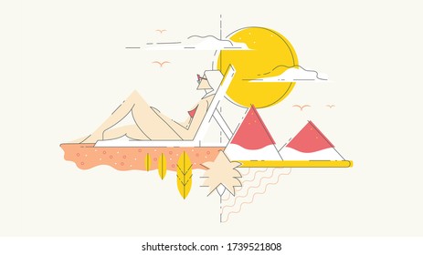vector de vacaciones de sol en la playa en estilo de arte en línea con colores de verano