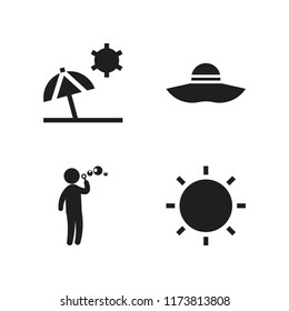 sunshine icon. 4 sunshine vector icons set. person playing making soap bubbles, beach and sunhat icons for web and design about sunshine theme