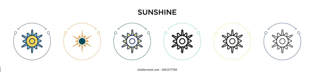 Icono de brillo en el estilo relleno, delgado, contorno y trazo. Ilustración vectorial de dos iconos vectoriales coloreados y negros se pueden utilizar para móviles, ui, web