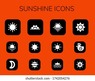 sunshine icon set. 12 filled sunshine icons.  Simple modern icons such as: Sun, Sunrise, Moon, Sunset, Morning