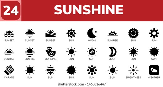 sunshine icon set. 24 filled sunshine icons.  Simple modern icons about  - Sunset, Sun, Moon, Sunrise, Morning, Karate, Brightness, Weather