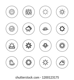 Sunshine icon set. collection of 16 outline sunshine icons with dawn, rainy, sun, sunny, sunrise icons.