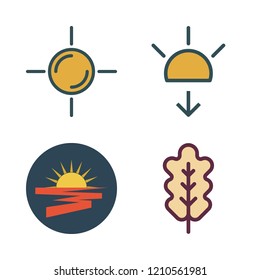 sunshine icon set. vector set about sunset, sun and oak leaf icons set.