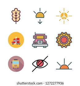 sunshine icon set. vector set about truck, blind, sun and oak leaf icons set.