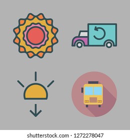 sunshine icon set. vector set about sunset, truck, school bus and sun icons set.