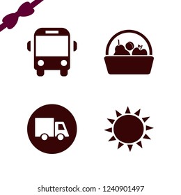 sunshine icon. sunshine vector icons set sun, school bus, basket apple apricot pear and truck