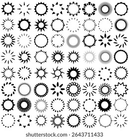 Заголовок: Ícone de sol conjunto de vetores. Raios da coleção de sinais de ilustração do sol. Símbolo da coroa solar. Ícones da Web da Sun. Design de símbolos de brilho para web e app.

